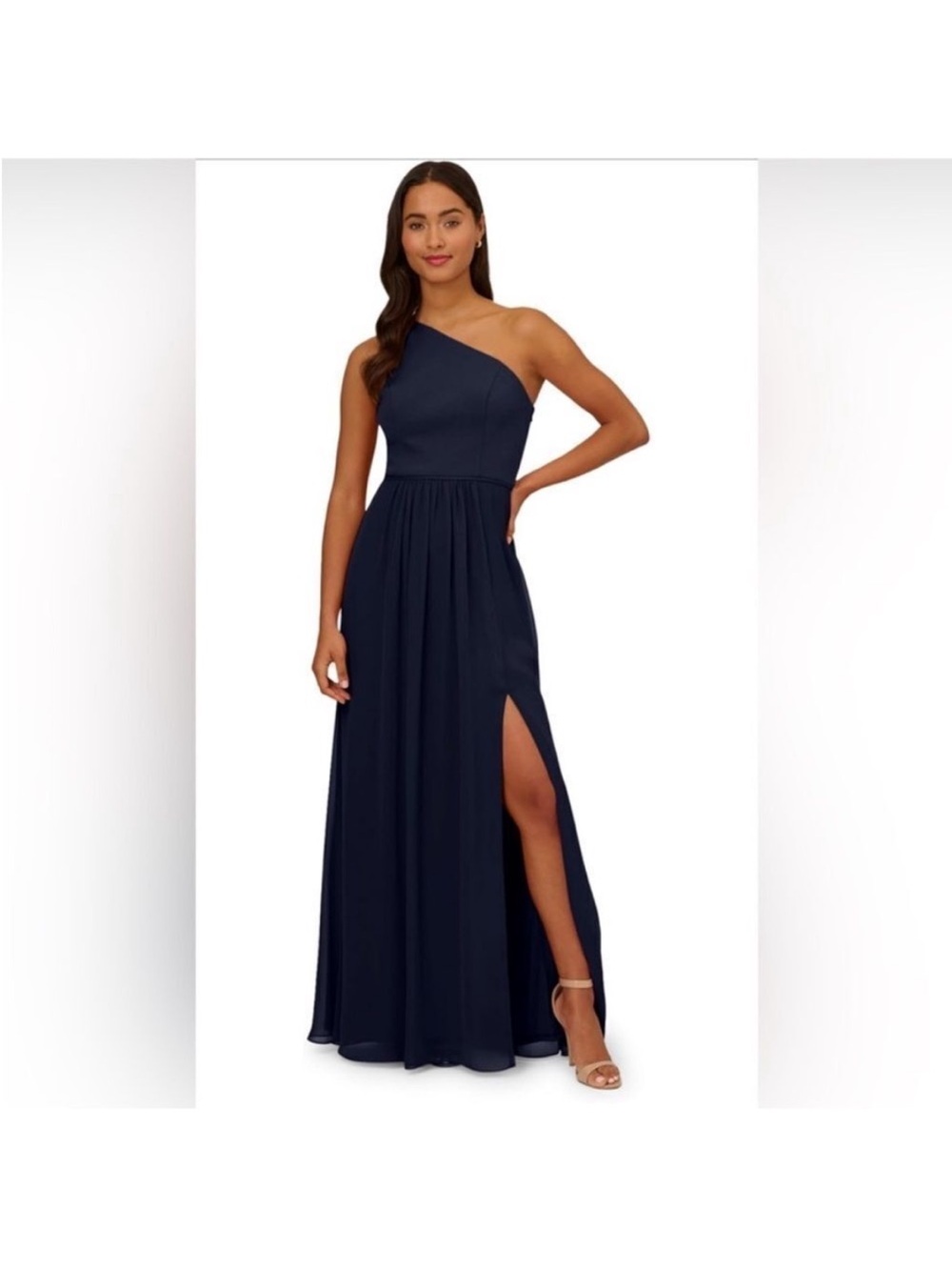 Adrianna Papell One-Shoulder Midnight Navy Evening Gown with Side Slit NWT